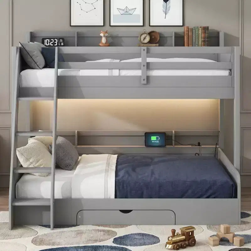 Polibi Twin over Full Bunk Bed with LED Lighting, Storage Space & Charging Station
