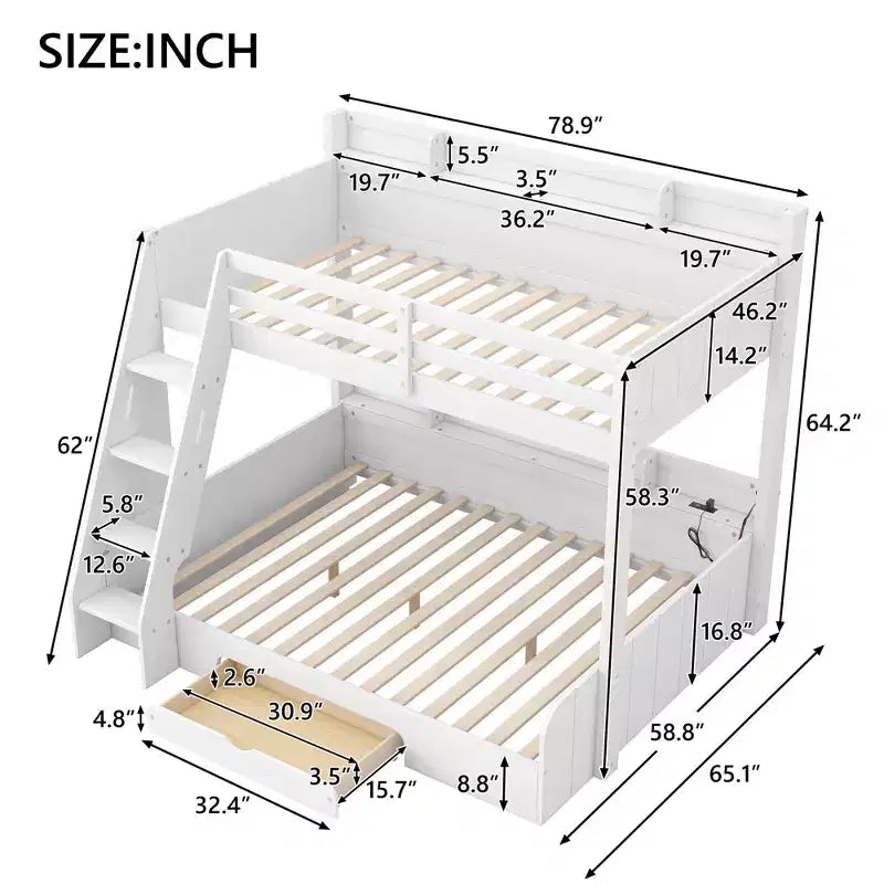 Polibi Twin over Full Bunk Bed with LED Lighting, Storage Space & Charging Station