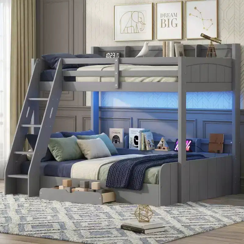 Polibi Twin over Full Bunk Bed with LED Lighting, Storage Space & Charging Station