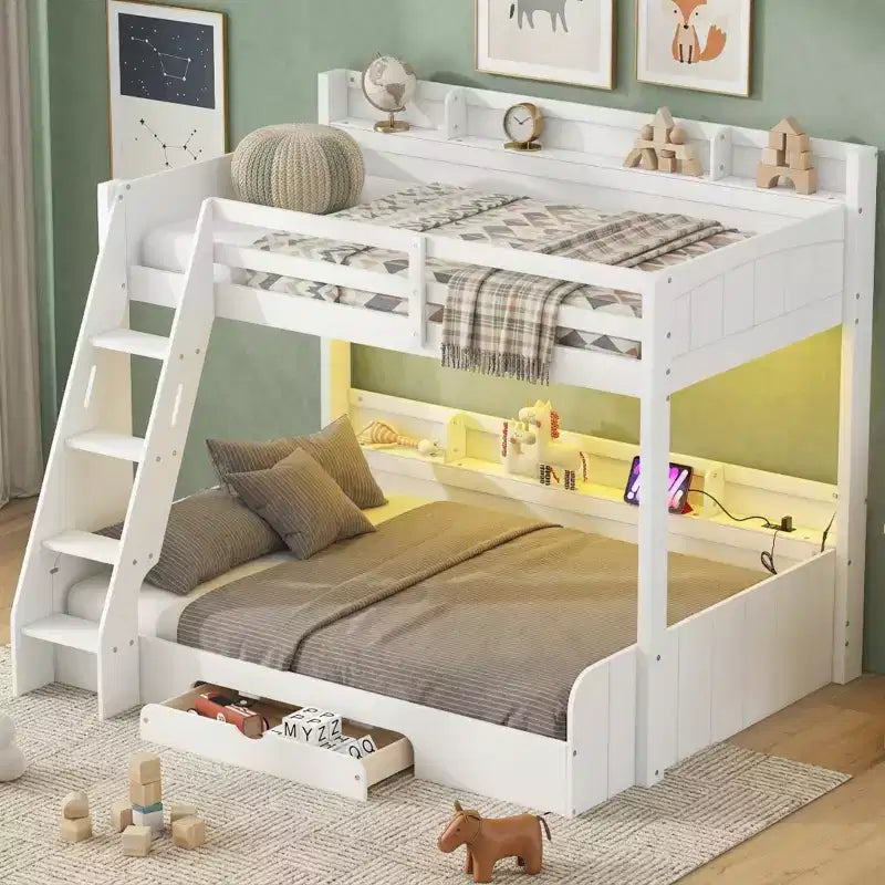 Polibi Twin over Full Bunk Bed with LED Lighting, Storage Space & Charging Station