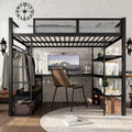 GDFStudio Amoros Queen Size Metal Loft Bed with Desk and Storage Shelves
