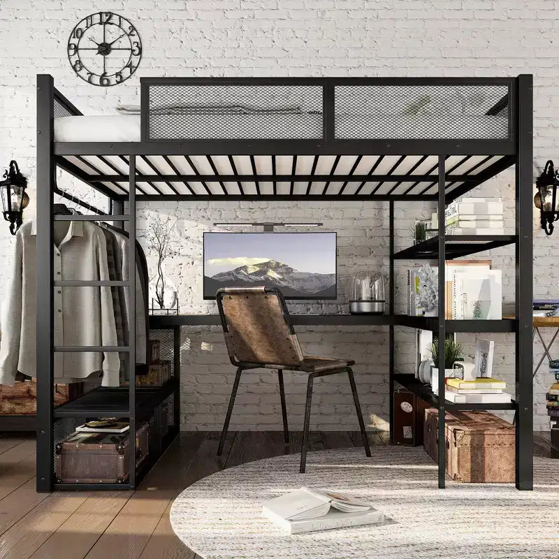 GDFStudio Amoros Queen Size Metal Loft Bed with Desk and Storage Shelves