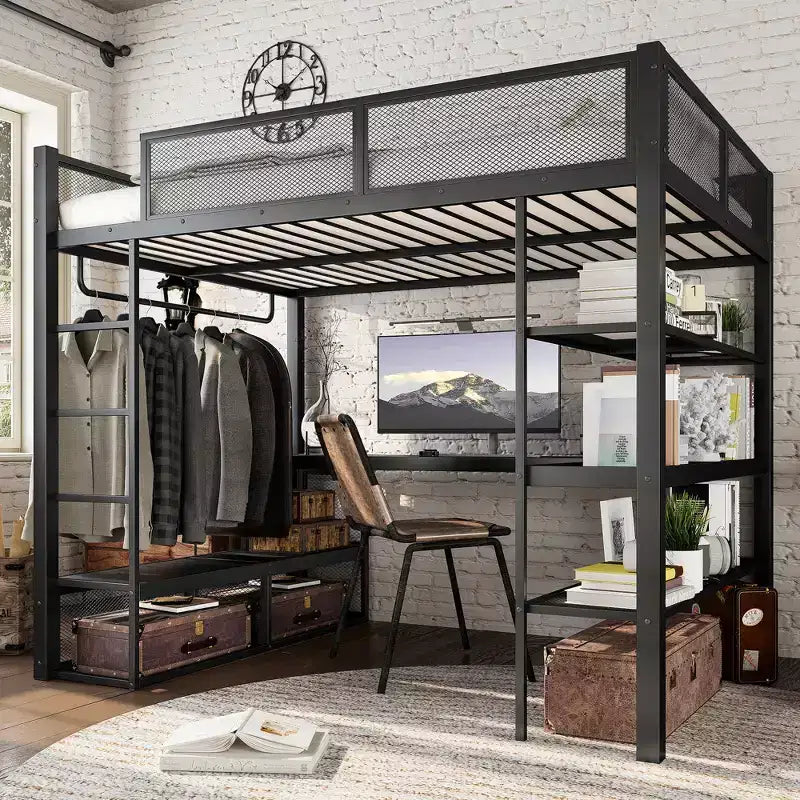 GDFStudio Amoros Queen Size Metal Loft Bed with Desk and Storage Shelves