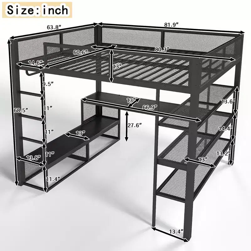 GDFStudio Amoros Queen Size Metal Loft Bed with Desk and Storage Shelves