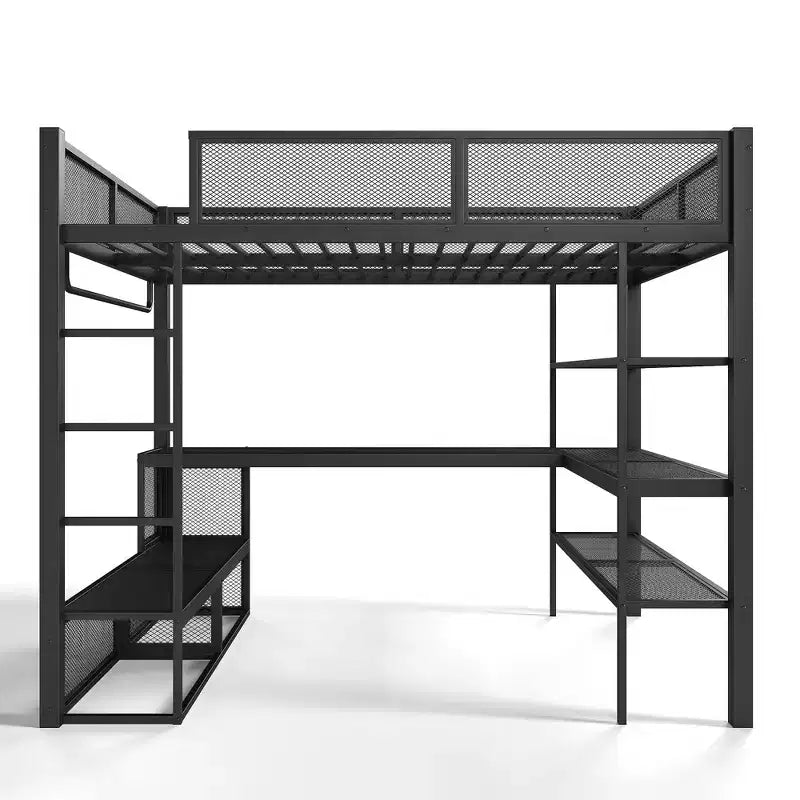 GDFStudio Amoros Queen Size Metal Loft Bed with Desk and Storage Shelves