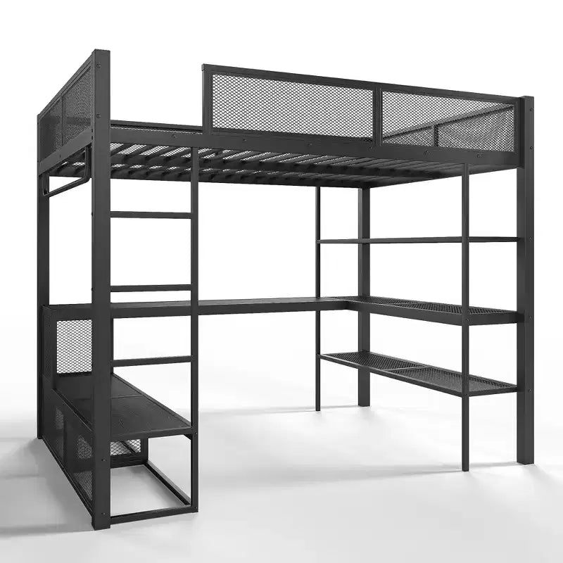 GDFStudio Amoros Queen Size Metal Loft Bed with Desk and Storage Shelves