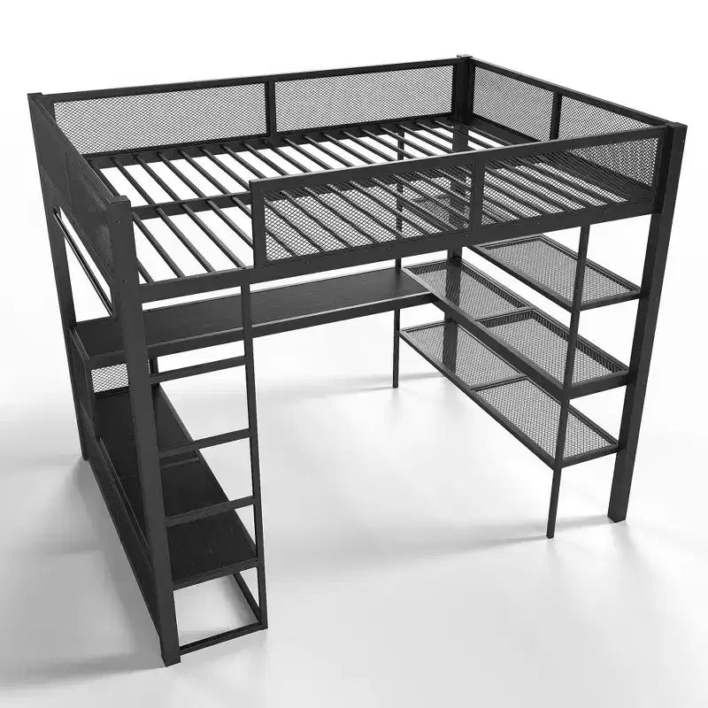 GDFStudio Amoros Queen Size Metal Loft Bed with Desk and Storage Shelves