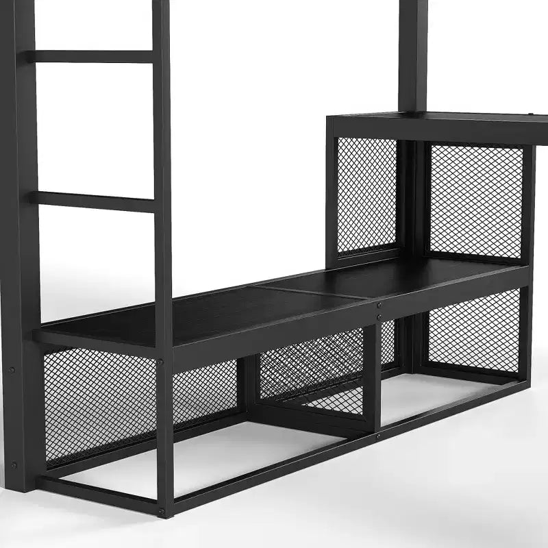 GDFStudio Amoros Queen Size Metal Loft Bed with Desk and Storage Shelves