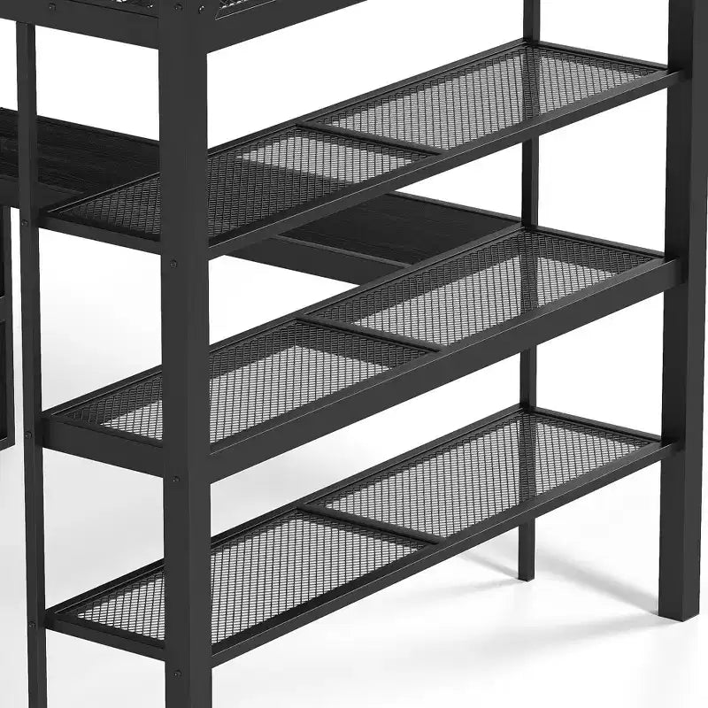 GDFStudio Amoros Queen Size Metal Loft Bed with Desk and Storage Shelves