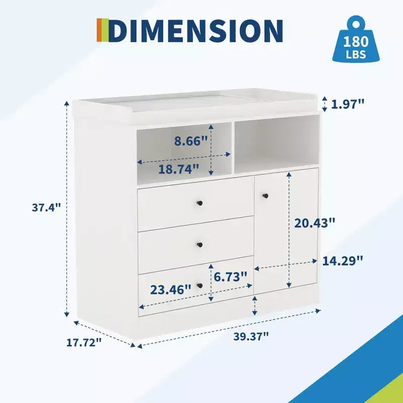 Wooden Baby Changing Table Dresser - 3 Drawers, Cabinet & 2 Shelves, 180 LBS Capacity, Detachable Top, 37.4 Height for Nursery Kids Room