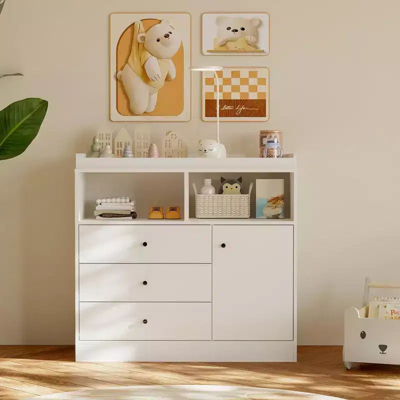 Wooden Baby Changing Table Dresser - 3 Drawers, Cabinet & 2 Shelves, 180 LBS Capacity, Detachable Top, 37.4 Height for Nursery Kids Room