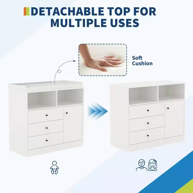 Wooden Baby Changing Table Dresser - 3 Drawers, Cabinet & 2 Shelves, 180 LBS Capacity, Detachable Top, 37.4 Height for Nursery Kids Room