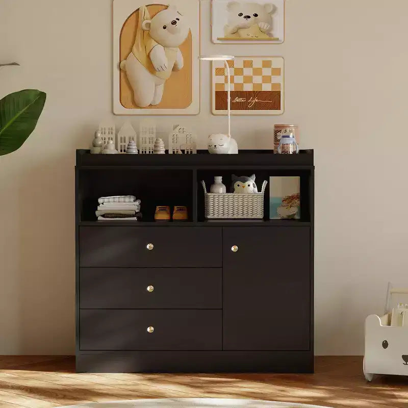 Wooden Baby Changing Table Dresser - 3 Drawers, Cabinet & 2 Shelves, 180 LBS Capacity, Detachable Top, 37.4 Height for Nursery Kids Room