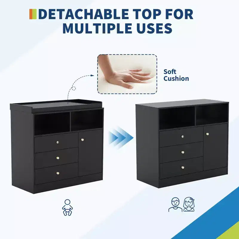 Wooden Baby Changing Table Dresser - 3 Drawers, Cabinet & 2 Shelves, 180 LBS Capacity, Detachable Top, 37.4 Height for Nursery Kids Room