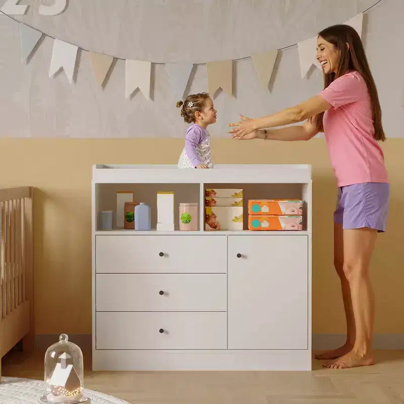 Wooden Baby Changing Table Dresser - 3 Drawers, Cabinet & 2 Shelves, 180 LBS Capacity, Detachable Top, 37.4 Height for Nursery Kids Room