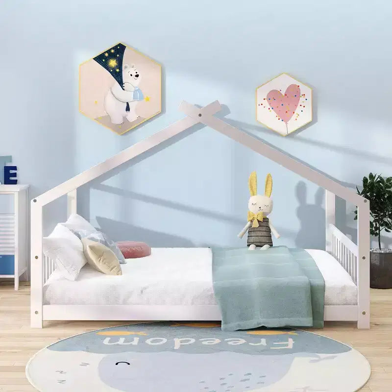 Bellemave Full Size Wood House Bed for Kids with Roof, Pinewood Frame, Semi-Enclosed Playhouse Bed Frame with Slats, No Box Spring Needed, White