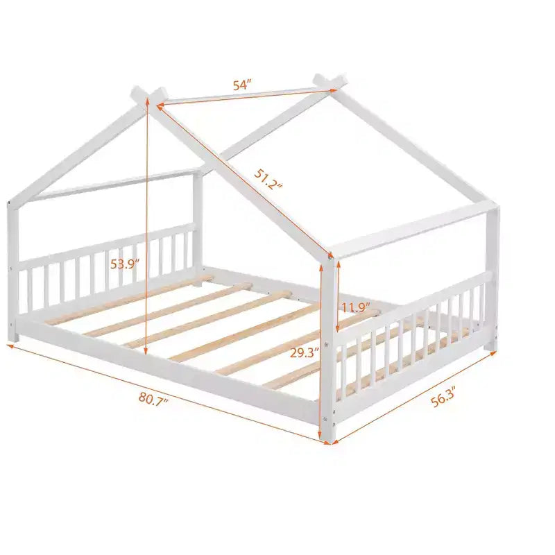 Bellemave Full Size Wood House Bed for Kids with Roof, Pinewood Frame, Semi-Enclosed Playhouse Bed Frame with Slats, No Box Spring Needed, White