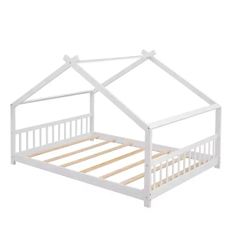 Bellemave Full Size Wood House Bed for Kids with Roof, Pinewood Frame, Semi-Enclosed Playhouse Bed Frame with Slats, No Box Spring Needed, White
