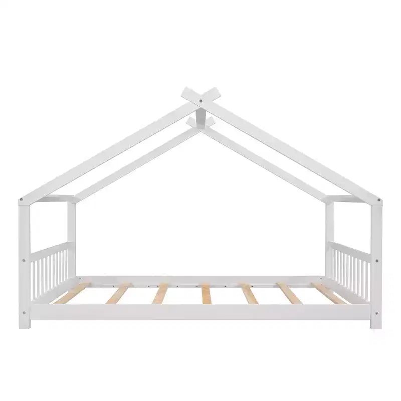 Bellemave Full Size Wood House Bed for Kids with Roof, Pinewood Frame, Semi-Enclosed Playhouse Bed Frame with Slats, No Box Spring Needed, White