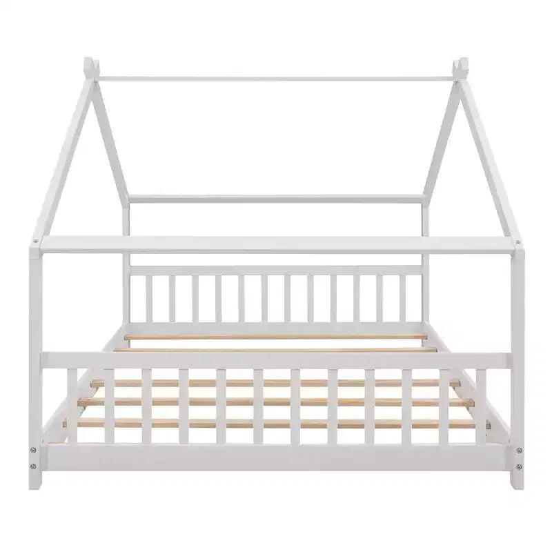 Bellemave Full Size Wood House Bed for Kids with Roof, Pinewood Frame, Semi-Enclosed Playhouse Bed Frame with Slats, No Box Spring Needed, White