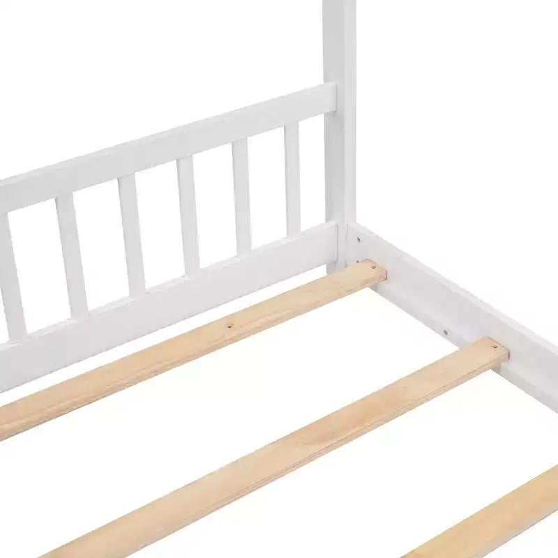 Bellemave Full Size Wood House Bed for Kids with Roof, Pinewood Frame, Semi-Enclosed Playhouse Bed Frame with Slats, No Box Spring Needed, White