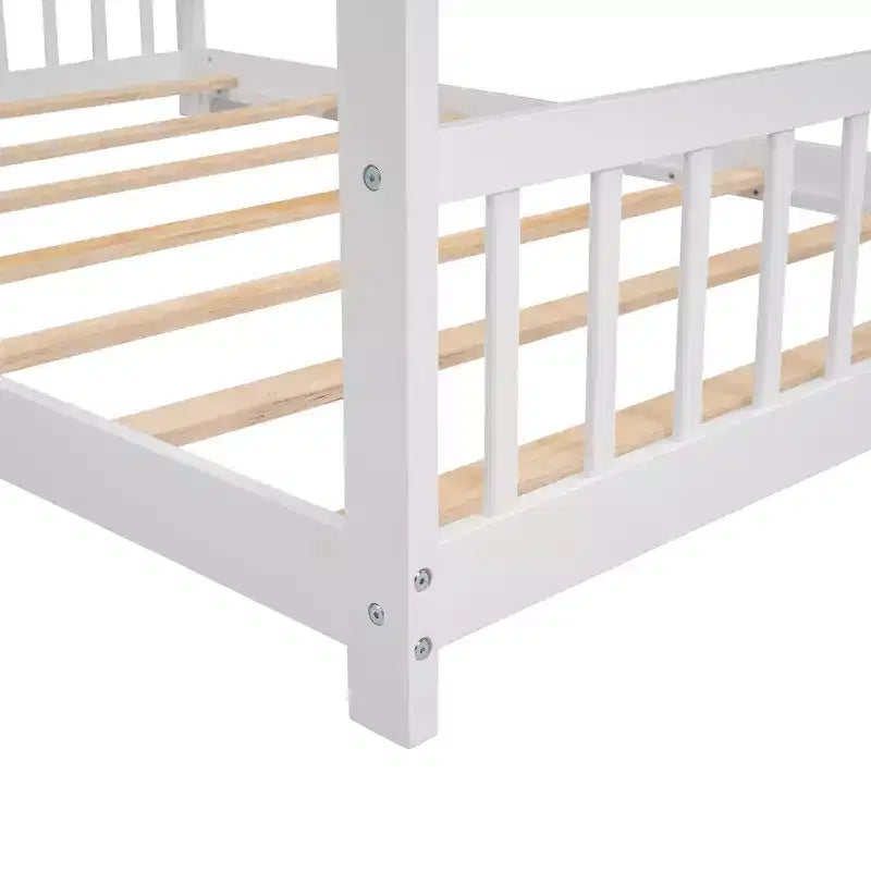 Bellemave Full Size Wood House Bed for Kids with Roof, Pinewood Frame, Semi-Enclosed Playhouse Bed Frame with Slats, No Box Spring Needed, White
