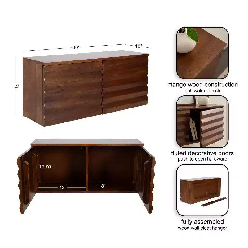 Kate and Laurel Semsa Two-Door Floating Wall Cabinet, 30x10x14 Walnut Brown
