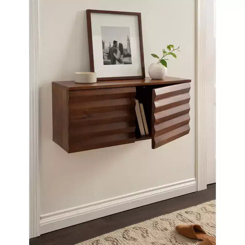 Kate and Laurel Semsa Two-Door Floating Wall Cabinet, 30x10x14 Walnut Brown