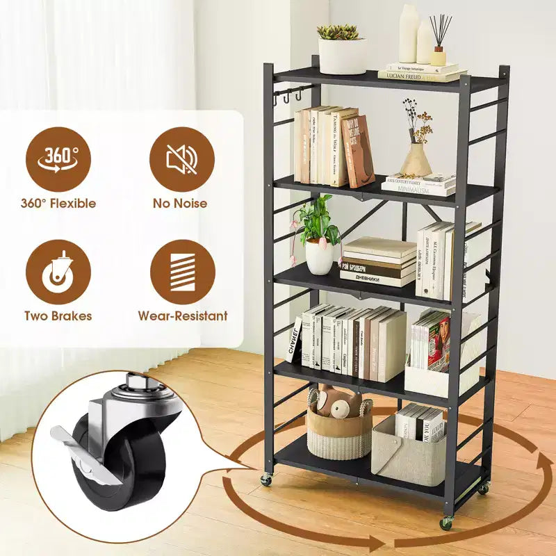 SUGIFT 5-Tier Foldable Metal Storage Shelf with Wheels, No Assembly Shelving Unit