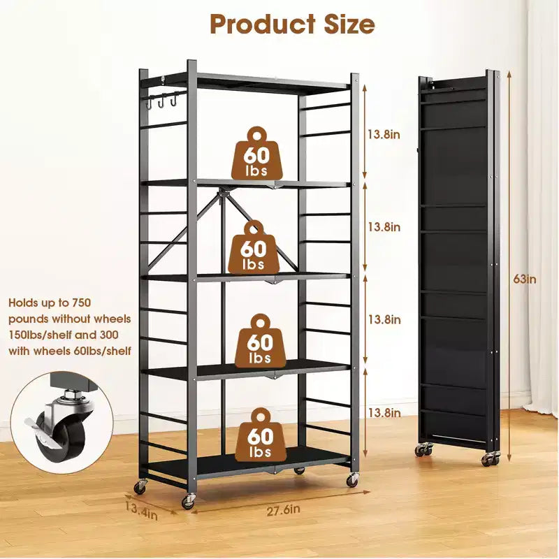 SUGIFT 5-Tier Foldable Metal Storage Shelf with Wheels, No Assembly Shelving Unit