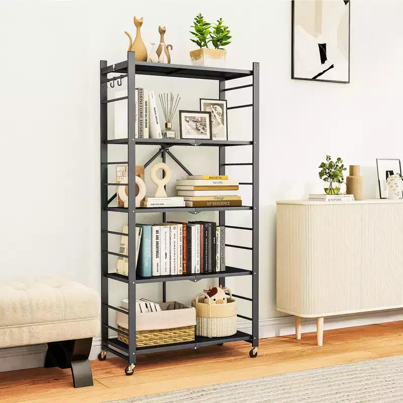 SUGIFT 5-Tier Foldable Metal Storage Shelf with Wheels, No Assembly Shelving Unit