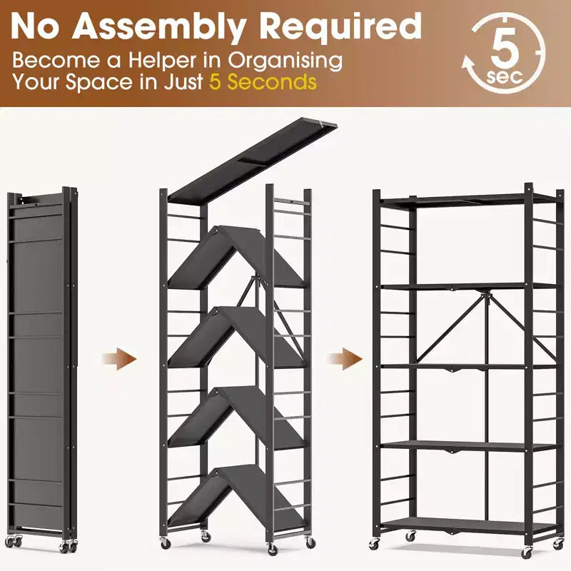 SUGIFT 5-Tier Foldable Metal Storage Shelf with Wheels, No Assembly Shelving Unit
