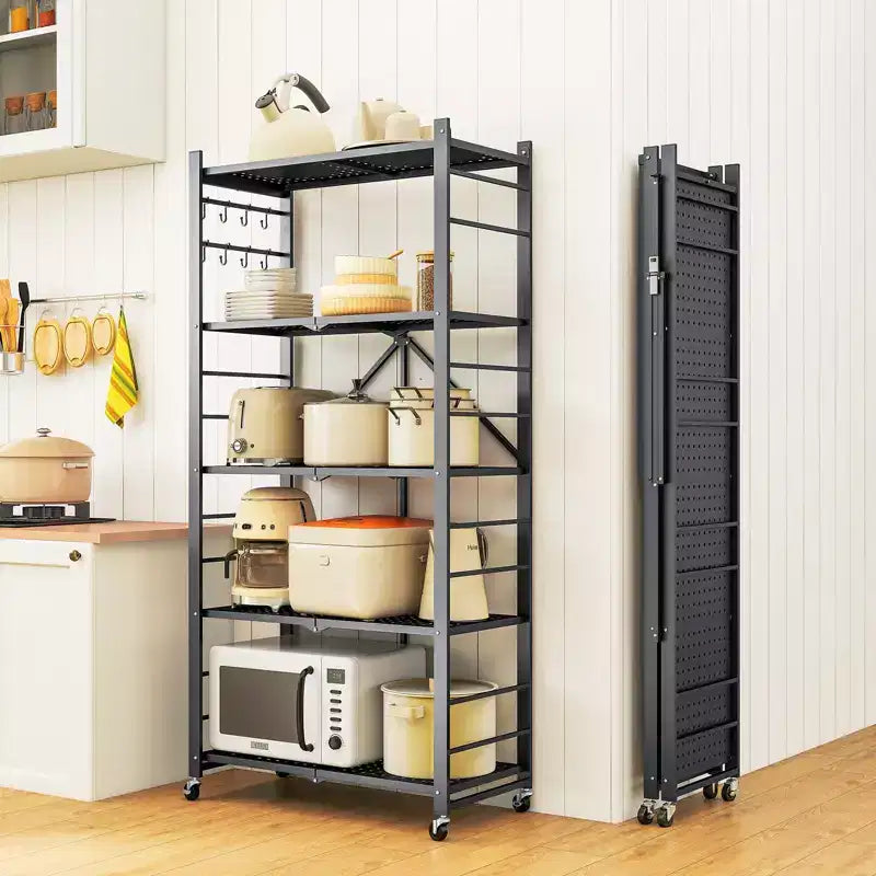 SUGIFT 5-Tier Foldable Metal Storage Shelf with Wheels, No Assembly Shelving Unit