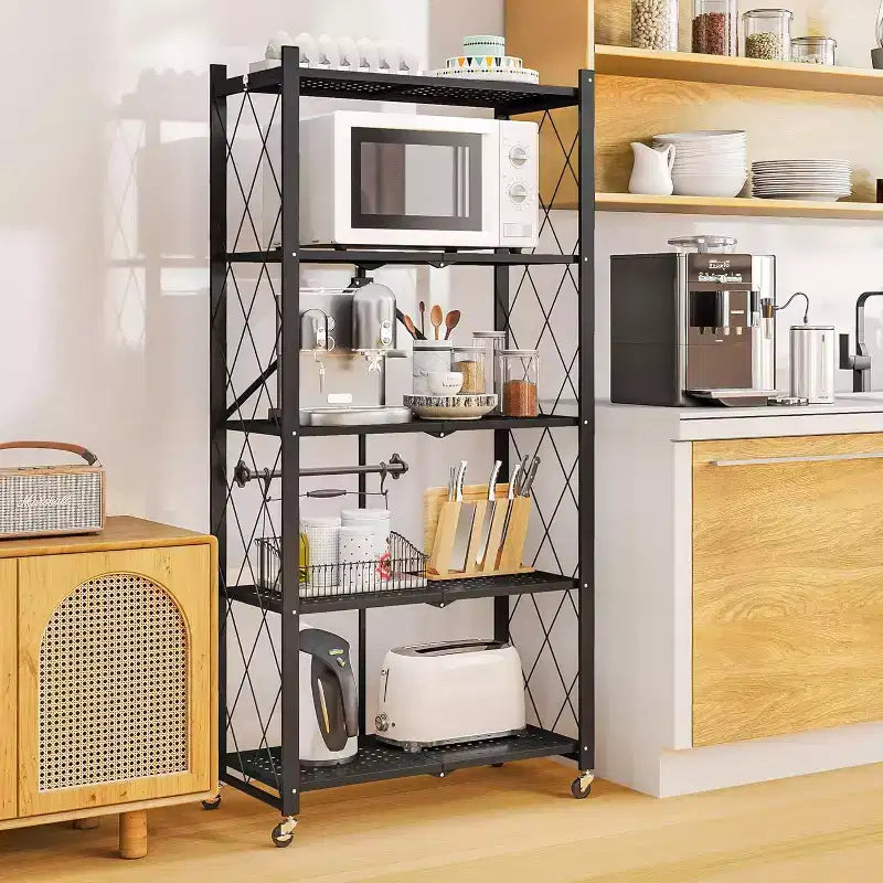 SUGIFT 5-Tier Foldable Metal Storage Shelf with Wheels, No Assembly Shelving Unit