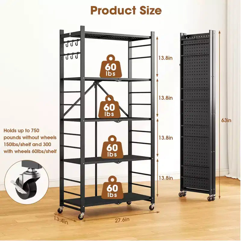 SUGIFT 5-Tier Foldable Metal Storage Shelf with Wheels, No Assembly Shelving Unit
