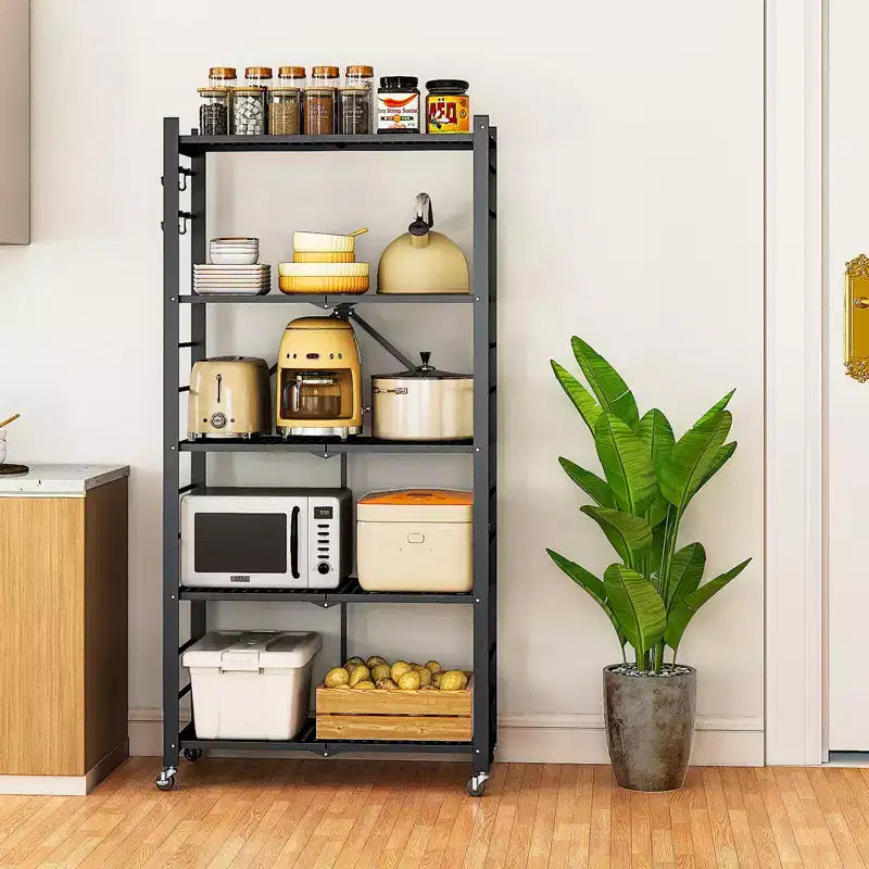 SUGIFT 5-Tier Foldable Metal Storage Shelf with Wheels, No Assembly Shelving Unit