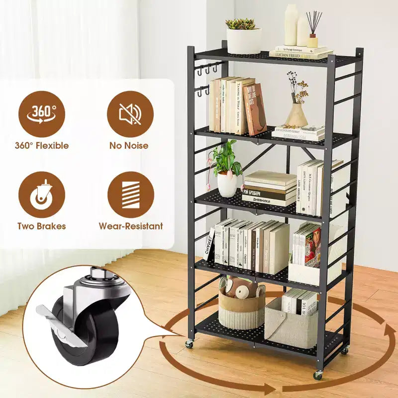 SUGIFT 5-Tier Foldable Metal Storage Shelf with Wheels, No Assembly Shelving Unit