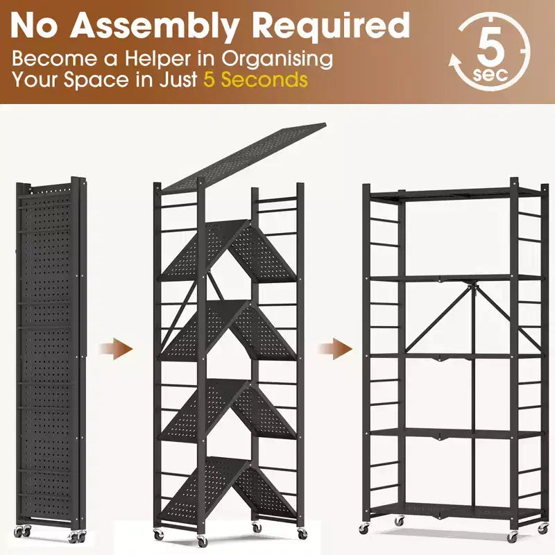 SUGIFT 5-Tier Foldable Metal Storage Shelf with Wheels, No Assembly Shelving Unit