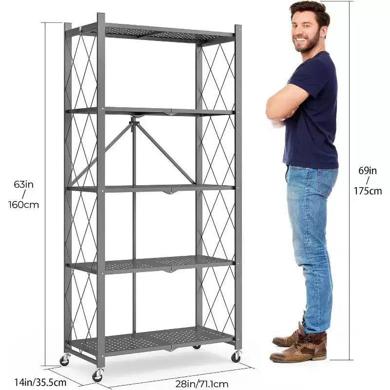 SUGIFT 5-Tier Foldable Metal Storage Shelf with Wheels, No Assembly Shelving Unit