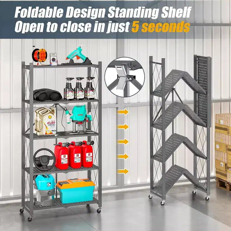 SUGIFT 5-Tier Foldable Metal Storage Shelf with Wheels, No Assembly Shelving Unit