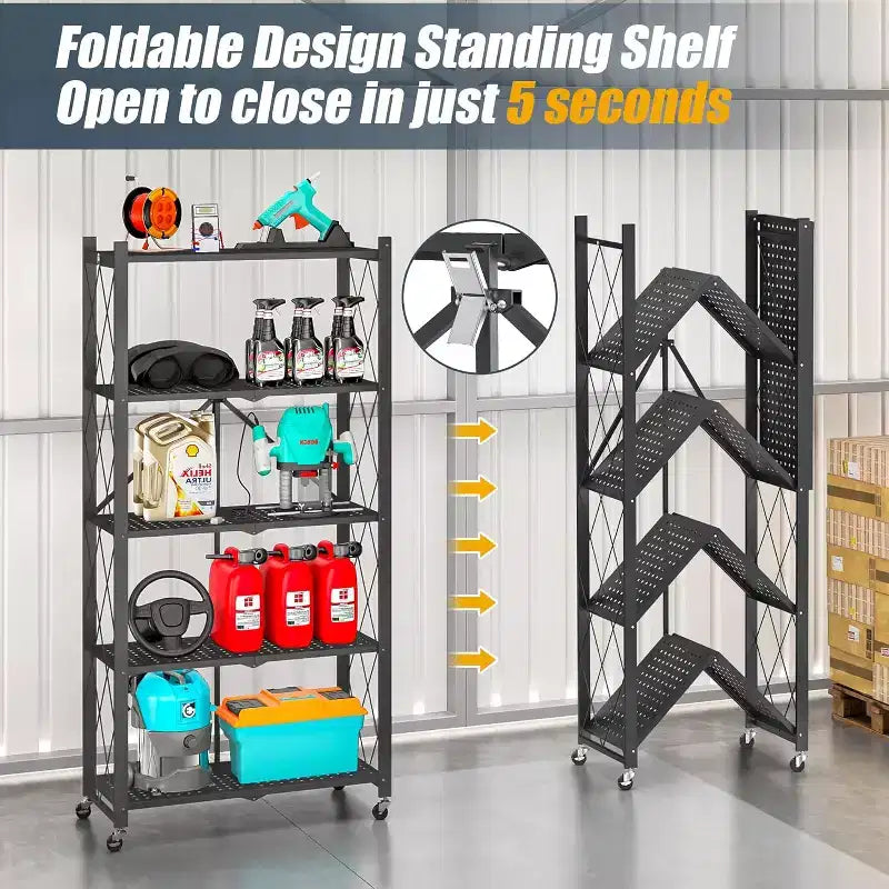 SUGIFT 5-Tier Foldable Metal Storage Shelf with Wheels, No Assembly Shelving Unit