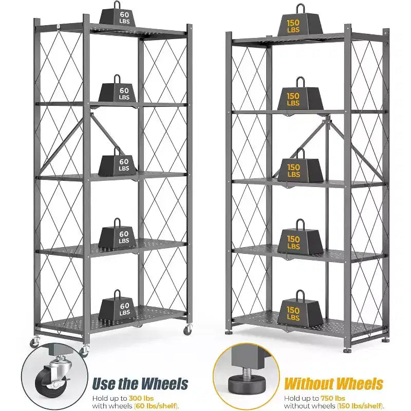 SUGIFT 5-Tier Foldable Metal Storage Shelf with Wheels, No Assembly Shelving Unit