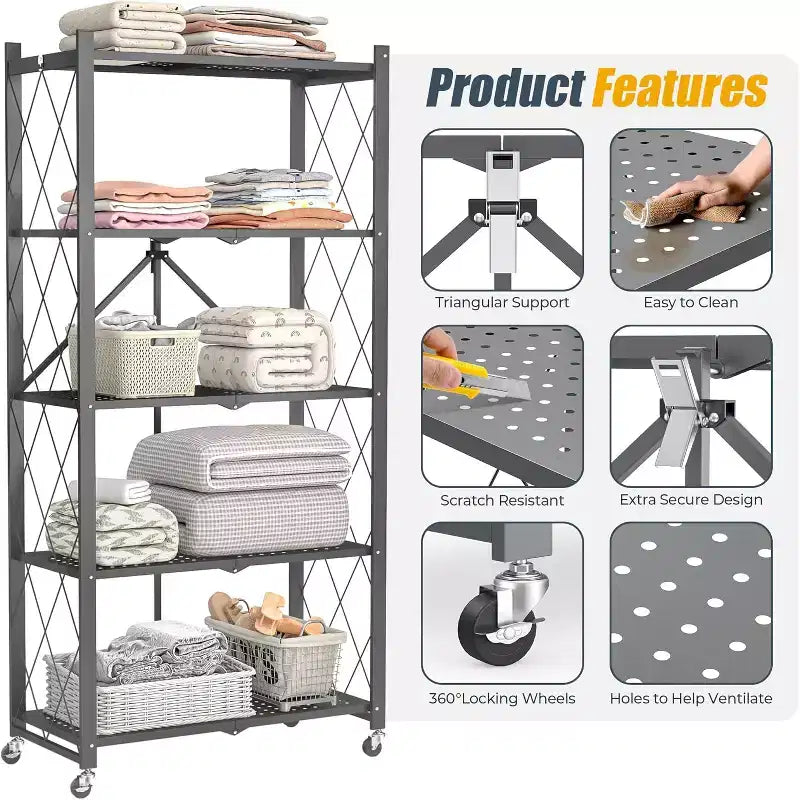 SUGIFT 5-Tier Foldable Metal Storage Shelf with Wheels, No Assembly Shelving Unit