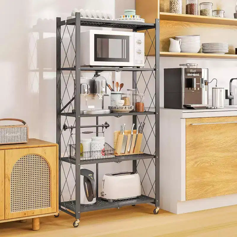 SUGIFT 5-Tier Foldable Metal Storage Shelf with Wheels, No Assembly Shelving Unit