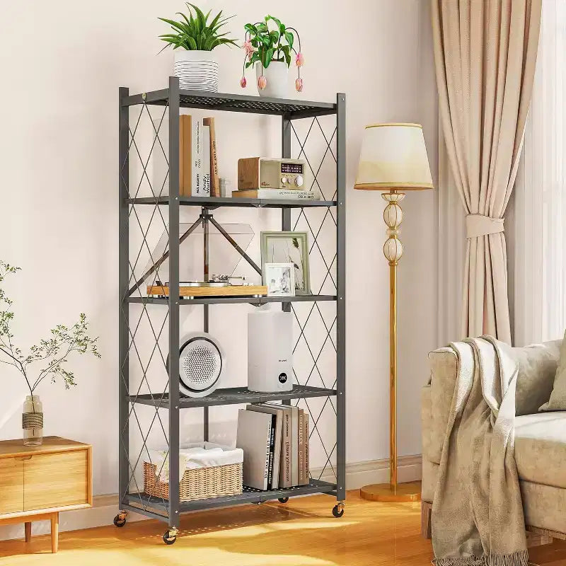 SUGIFT 5-Tier Foldable Metal Storage Shelf with Wheels, No Assembly Shelving Unit