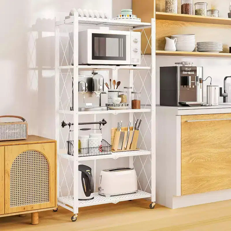 SUGIFT 5-Tier Foldable Metal Storage Shelf with Wheels, No Assembly Shelving Unit