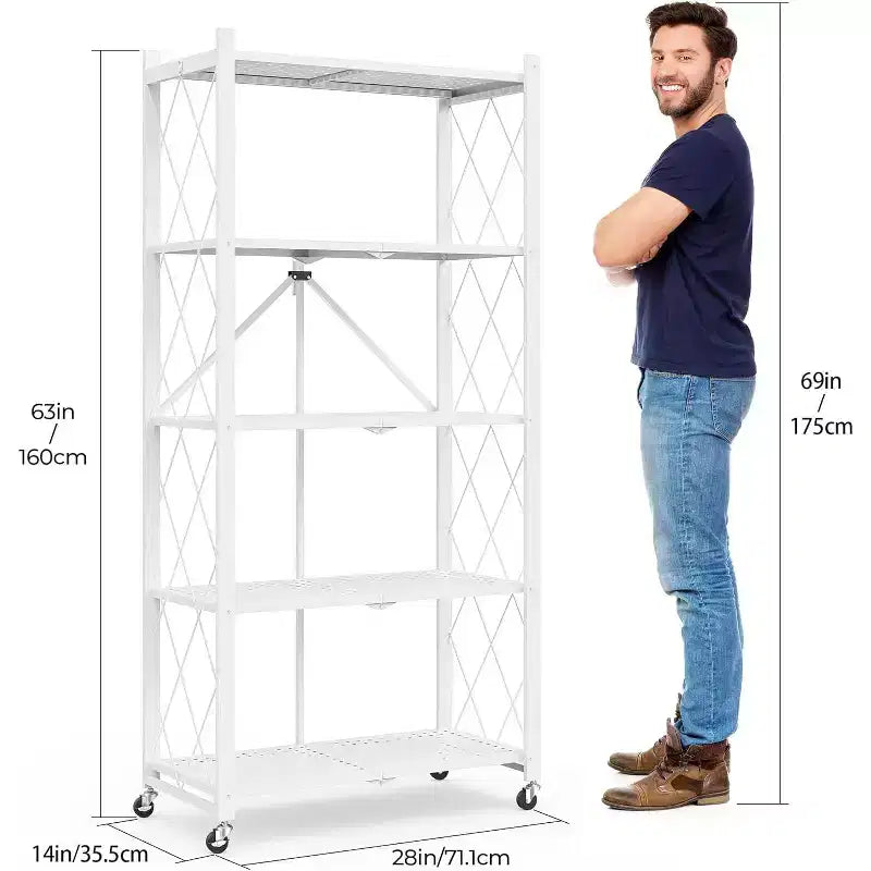 SUGIFT 5-Tier Foldable Metal Storage Shelf with Wheels, No Assembly Shelving Unit