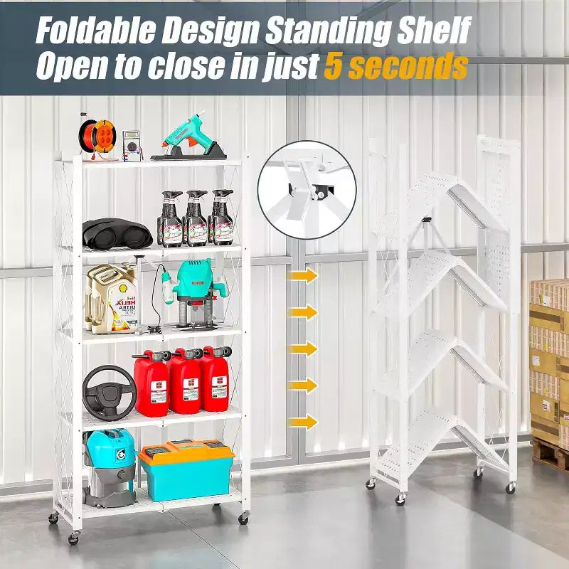 SUGIFT 5-Tier Foldable Metal Storage Shelf with Wheels, No Assembly Shelving Unit