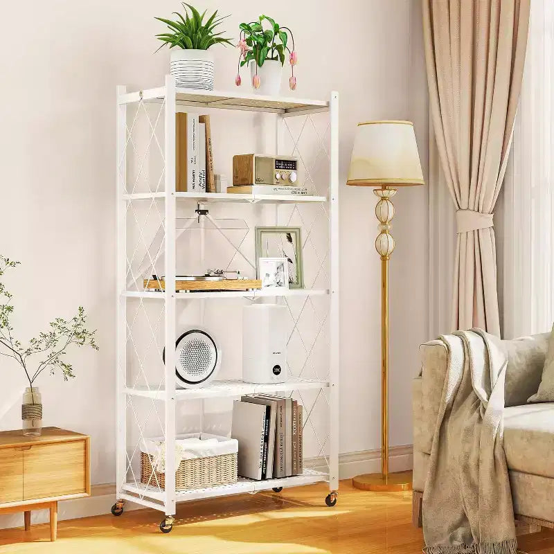 SUGIFT 5-Tier Foldable Metal Storage Shelf with Wheels, No Assembly Shelving Unit