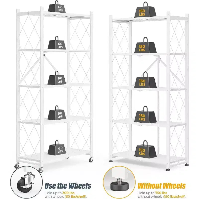 SUGIFT 5-Tier Foldable Metal Storage Shelf with Wheels, No Assembly Shelving Unit